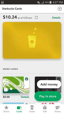 Starbuck's App Stored Cards