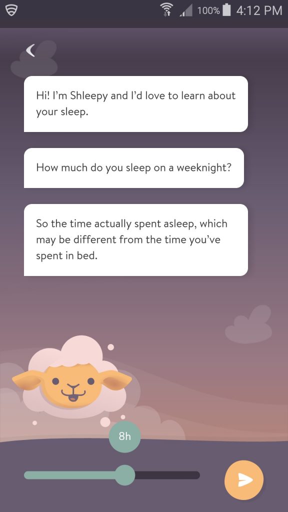 Shleep App Welcome Questions Screen