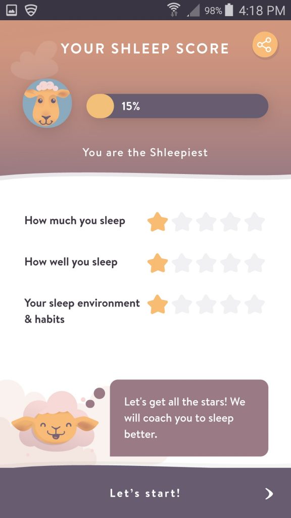 Shleep App Initial Sleep Score Screen