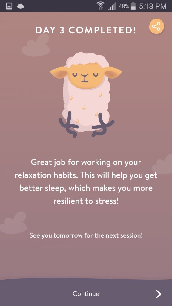 Shleep App Lesson Day Completed Screen