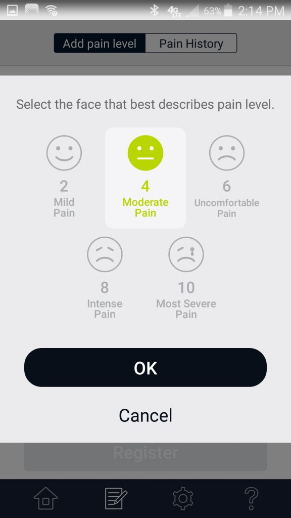 Omron TENS Diary Pain Level Screen