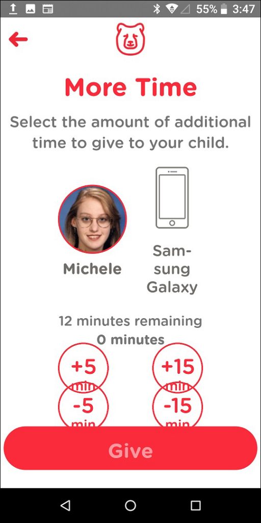TechDen Parent App Give More Time Screen