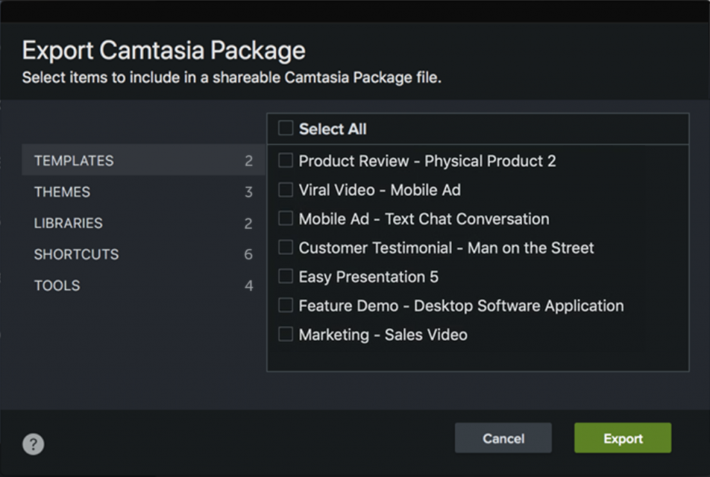 Shows Export Camtasia Package window