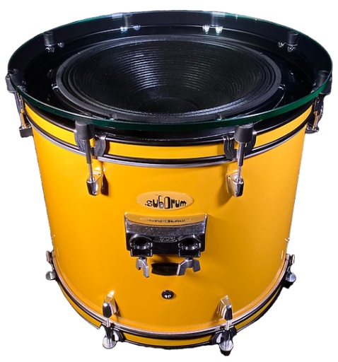 Yellow SubDrum coffee table subwoofer speaker.