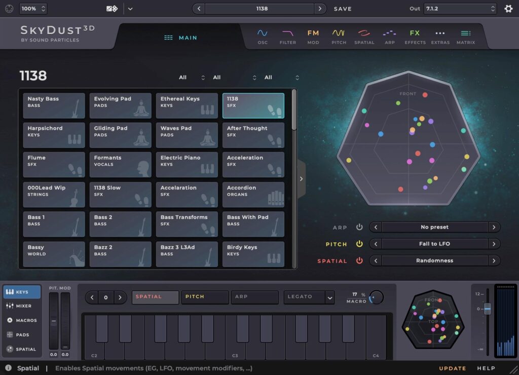 SkyDust 3D spatial synth plugin, 3D visualizer screen.