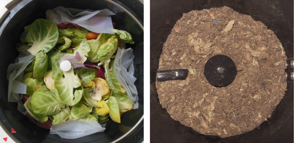 Food scraps before and compost after the Lomi Approved cycle.