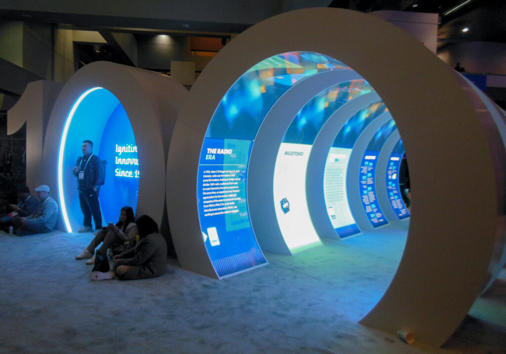 100 Years display for CTA's 100th Anniversary at CES 2024, illuminated tunel through the 2nd zero.