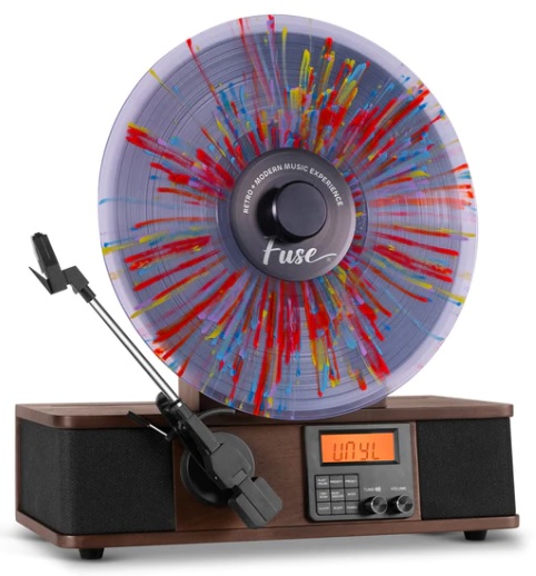 Fuse Wrap upright record player with splatter painted record.