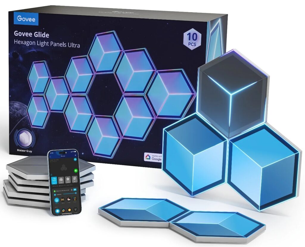 Govee Hexagon Light Panels Ultra product box and stack of panels displaying blue lights.
