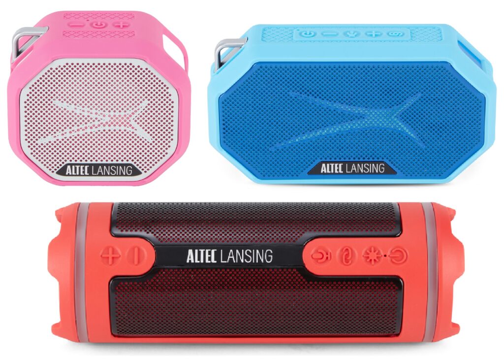 Array of 3 colorful Altec Lansing Hydra 2.0 Bluetooth Speakers.