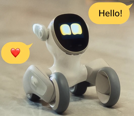 KEYi Tech's Loona robotic dog, with text bubbles responding to its owner.