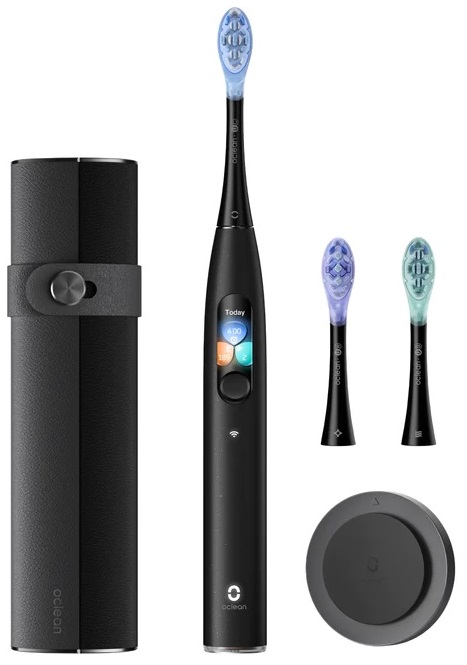 Oclean X Ultra S Digital Toothbrush with 3 brush heads, charging base, and carrying case.