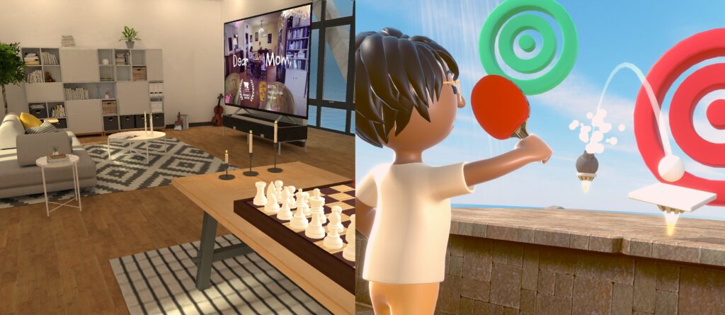 Screenshots of virtual living room and ping pong game inside Rendever Alcove VR experience.