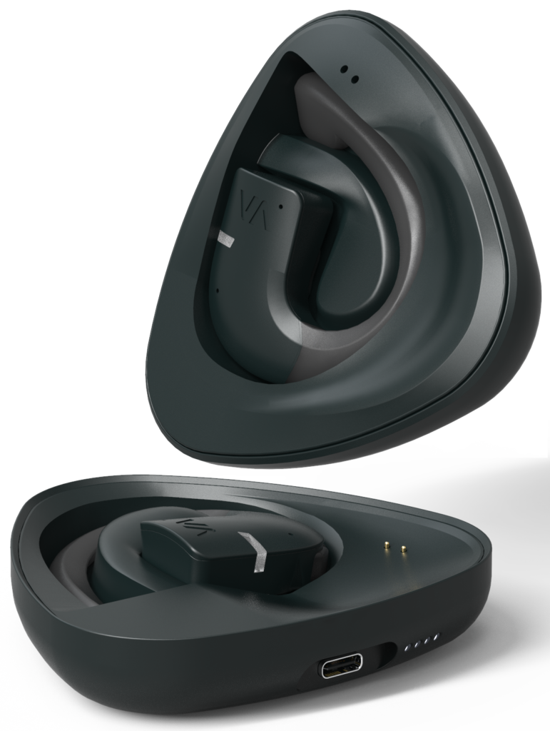 Vasco Translator E1 earbuds inside their open charging case.