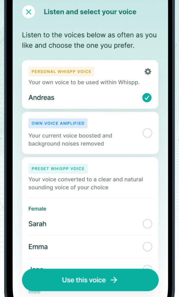 Screenshot of Whispp app.