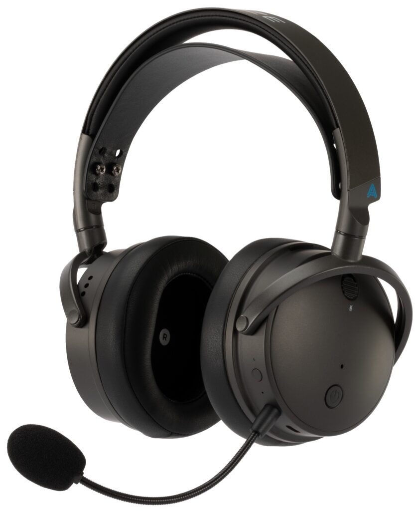 Semi-front view of Maxwell Gaming Headphones from Audeze with boom mic attached.