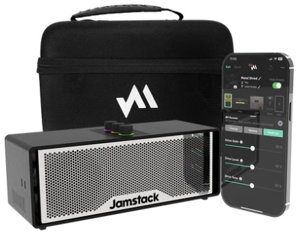 Jamstack smart amp with carrying case behind and phone with connected app on screen to the right.