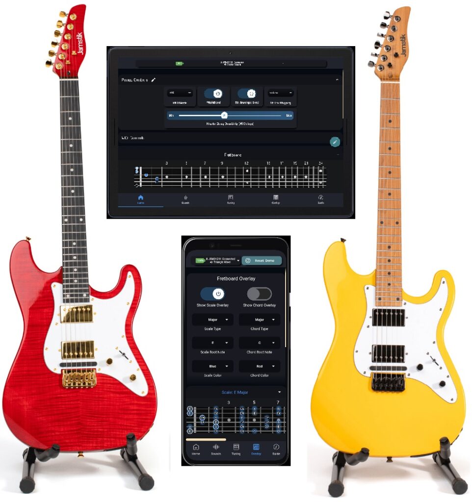 Pair of Jamstik MIDI guitars in red and yellow, with screenshots of the desktop and mobile companion apps in between the necks.