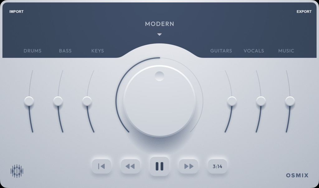 Screenshot of Osmix mixing plug-in interface, with mixing dial at center.