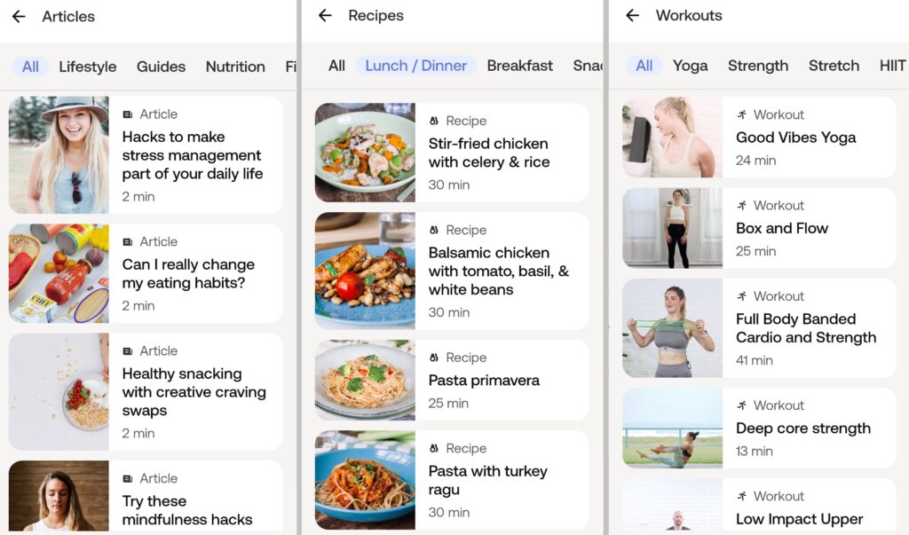 Withings app articles, recipes, and workouts menus