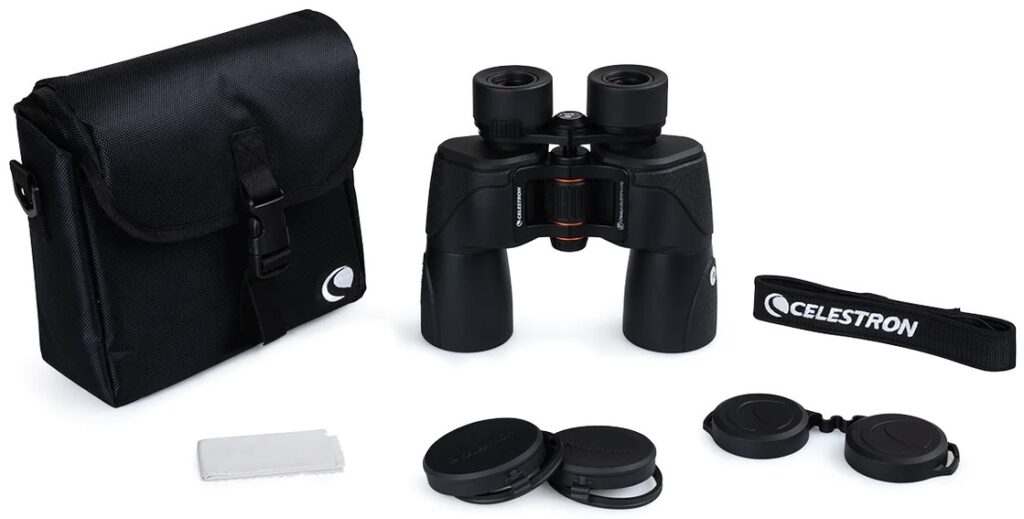 Skymaster Pro 7x50 ED Binoculars with fabric case, lens caps, and neck strap