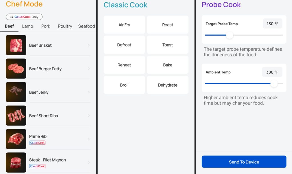 ChefMaker cooking modes screenshots, Chef Mode, Classic Mode, Probe Mode