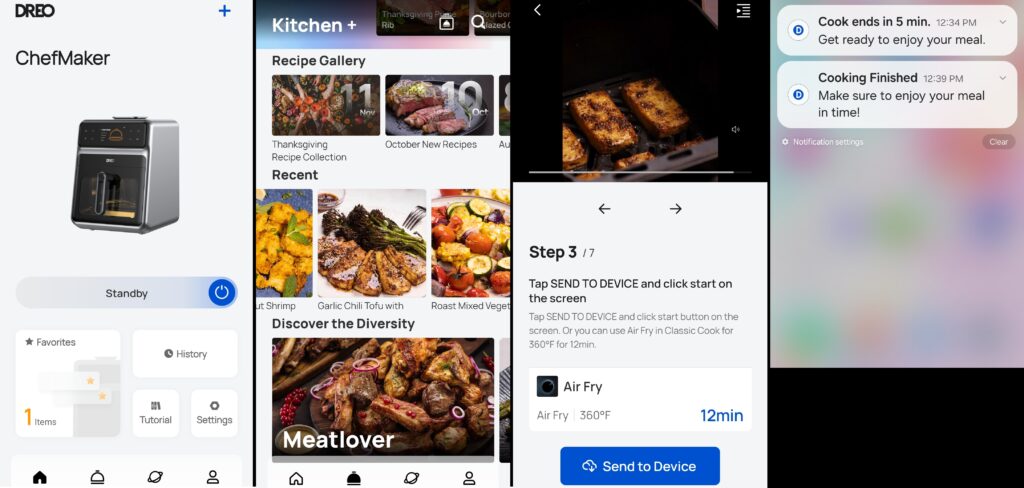DREO app screenshots, Home Menu, Recipe Search, Cooking Steps, Phone Notifications