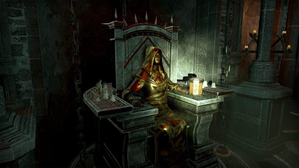 Ghost Town game screen inside a dark crypt, with a seated bronze statue on a stone throne.