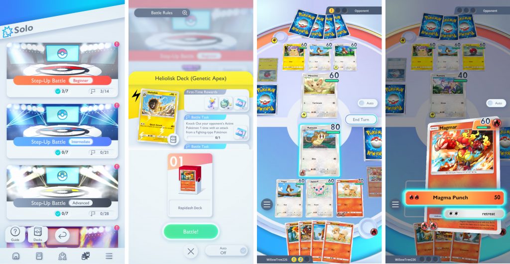 Pokémon Trading Card Game Pocket Battle selection and Battle in progress screens.