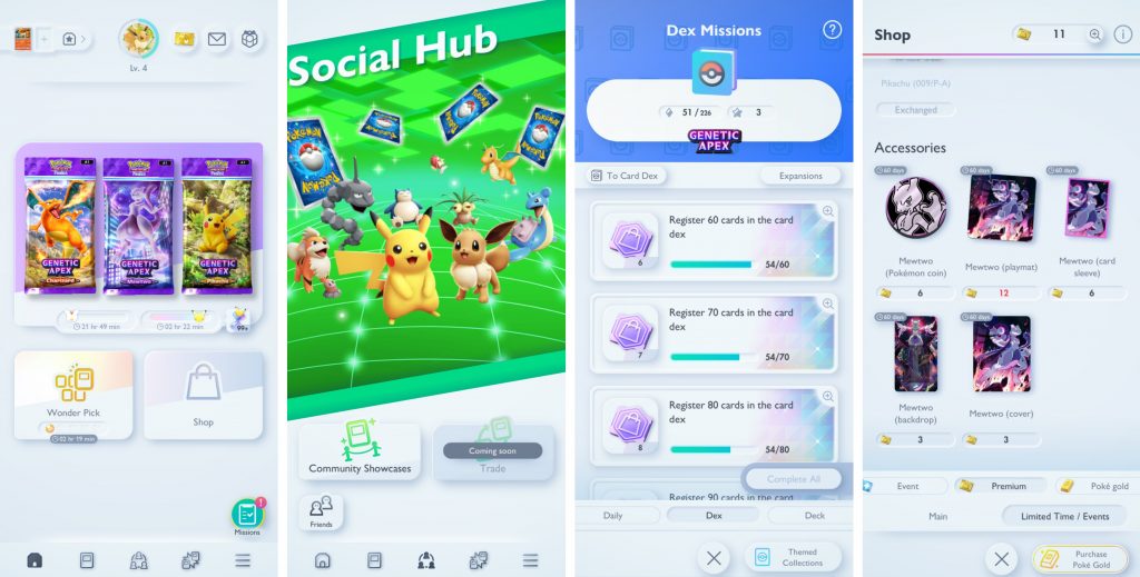 Pokémon Trading Card Game Pocket Home, Social, Missions, and Shop screens.