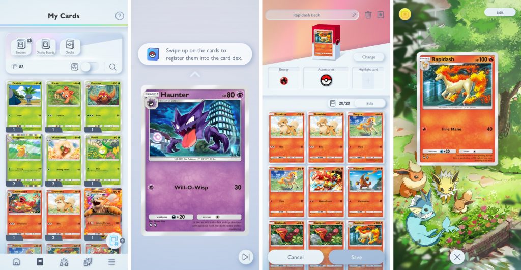 Pokémon Trading Card Game Pocket Dex, card detail, Deck building, and Display Board screens.