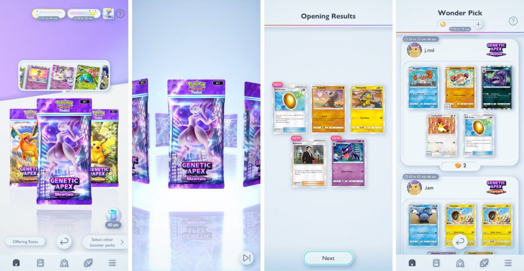 Pokémon Trading Card Game Pocket booster pack selection, pack opening, and Wonder Pick screens.