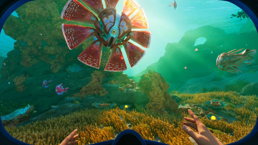 Subnautica 2 screenshot view of alien fish and coral through scuba mask.