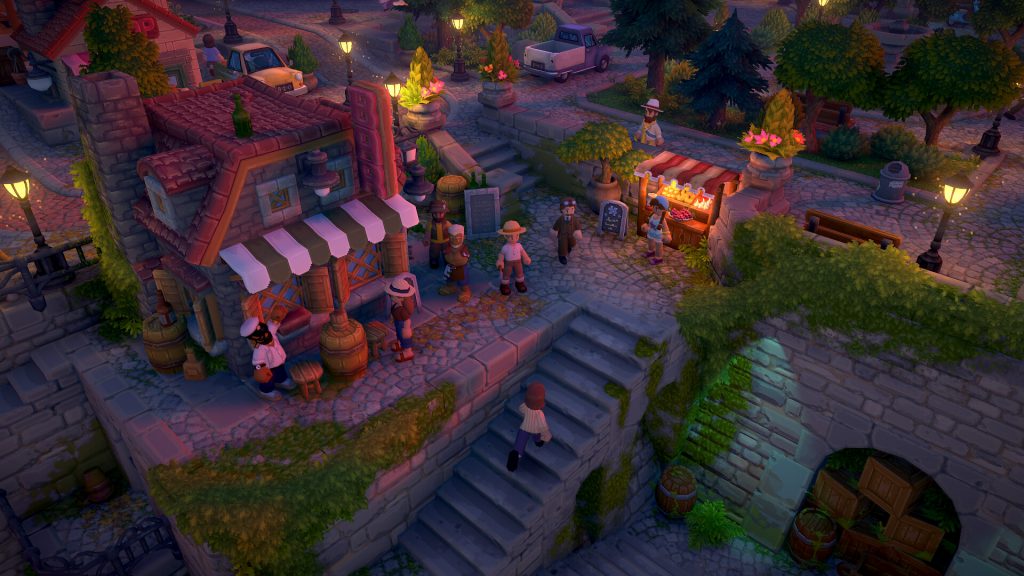 Luma Island village at night, with several villagers near the tavern and shop stand.