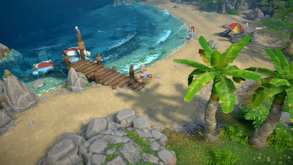 Luma Island shoreline with broken ship and multiplayer fishing.