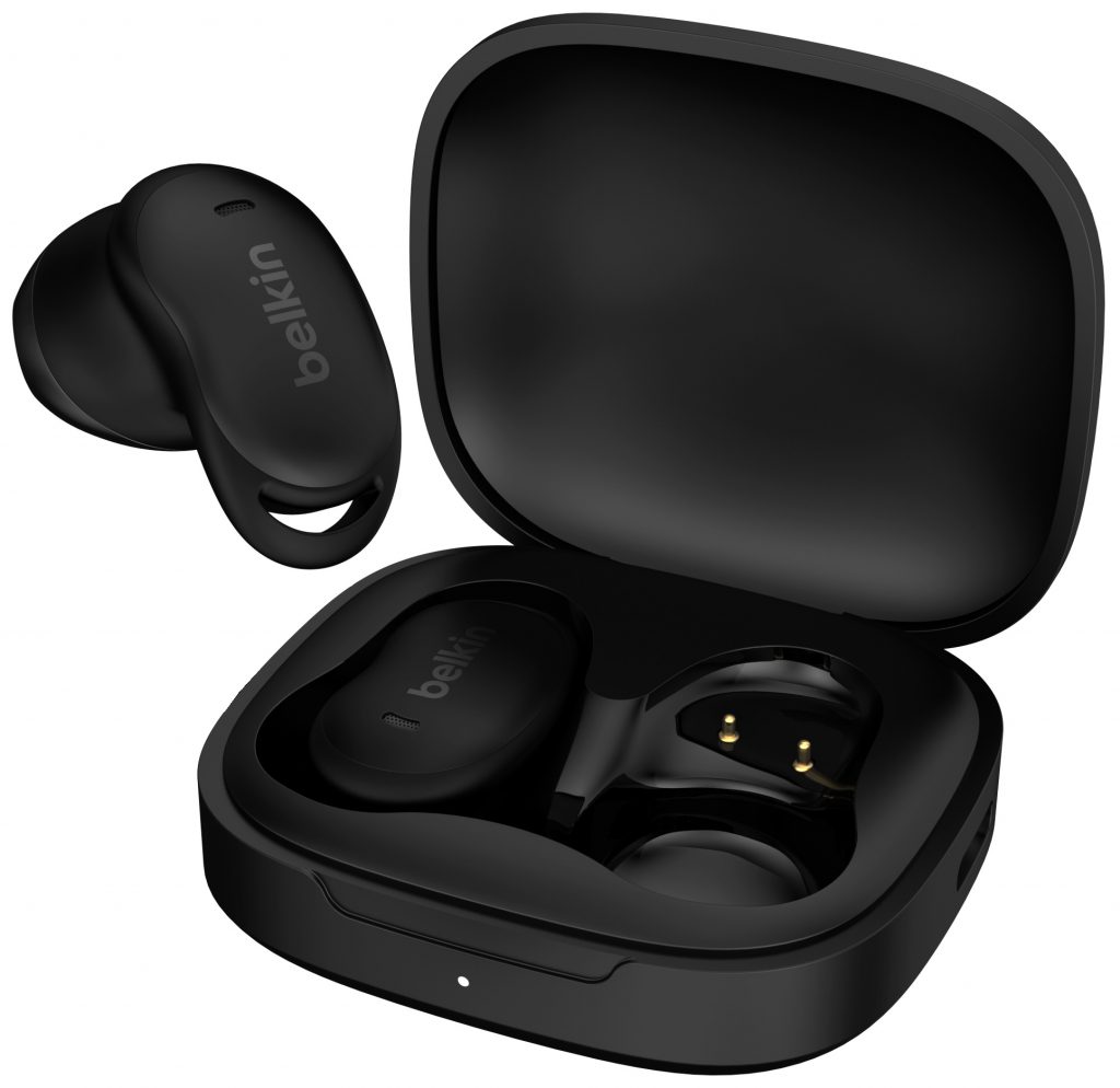 Belkin's SoundForm Anywhere earbuds with charging case.