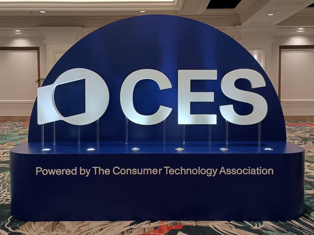 Blue CES logo sign inside Mandalay Bay Convention Center.