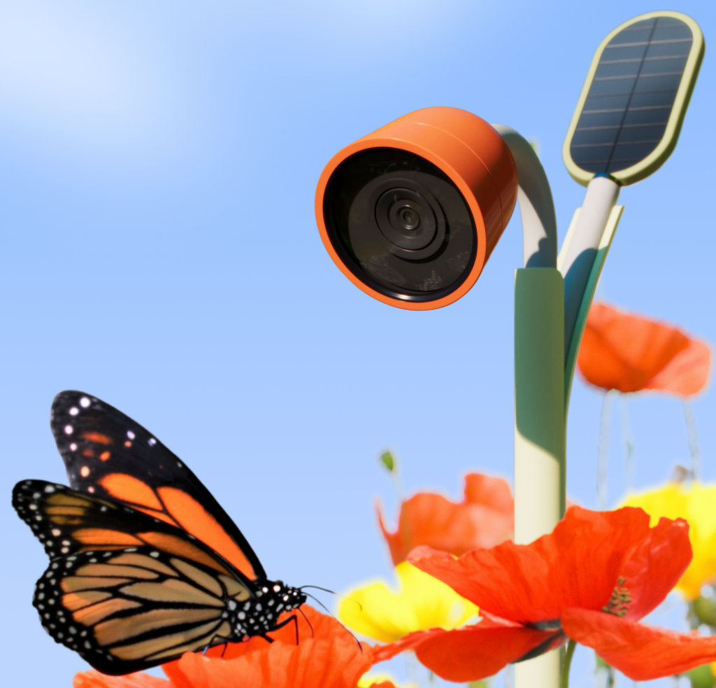 Petal smart plant camera in orange, attached to stem stand and pointing at a butterfly.