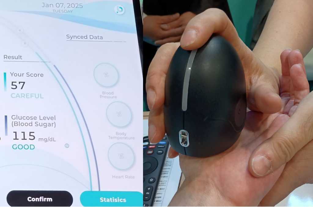 Biopop's Elixir home health monitoring device, with blood glucose results in the app on the left and the Elixir scanner being used on a palm on the right.