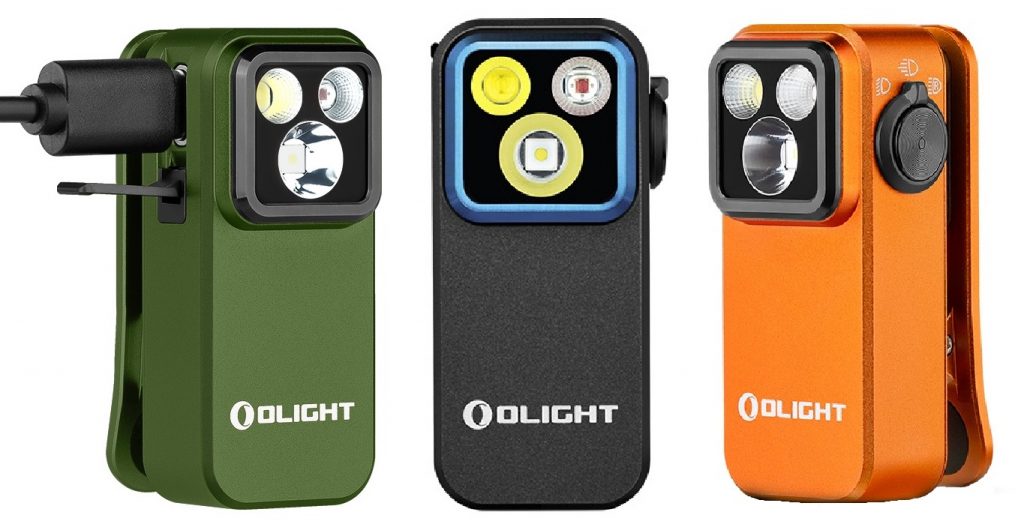 3 views of Olight's Oclip Pro clip-on flashlight. Left: in green rotated to show the open charging port on the left side and clip at the back. Center: in black straight on view of triple LED lights. Right: in orange rotated to show the lighting mode dial on the right side and clip at the back.