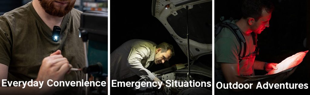 3 panels showing an Oclip Pro being used in real life situations, clipped to a shirt collar, magnetically stuck to a car hood, and clipped on a backpack in red light mode to read a map at night.