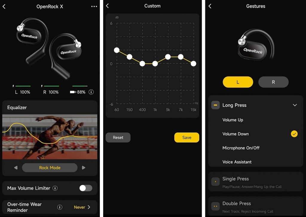 3 screenshots of the OpenRock app showing the main Settings screen, Custom EQ graph, and button control assignments.