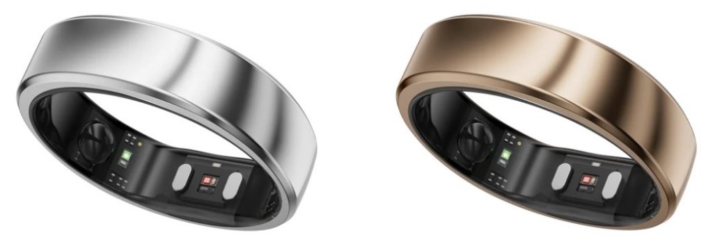 Two RingConn Gen 2 Air health tracking rings, silver on the left, gold on the right, with an angled view of the sensors and magnetic charging nodes on the inside rim.