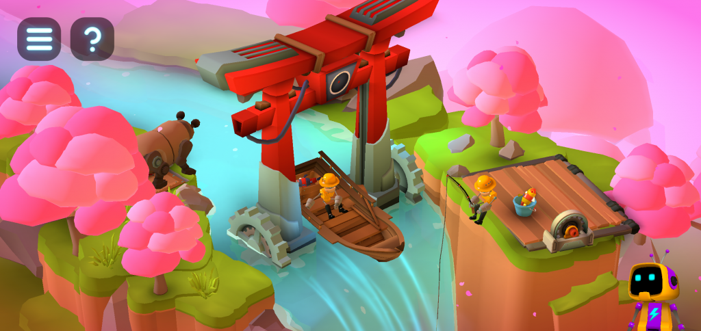 One of the game levels featuring a waterfall through a red temple, surrounded by cherry blossom trees, a bear on the riverbank, and a robot fishing.