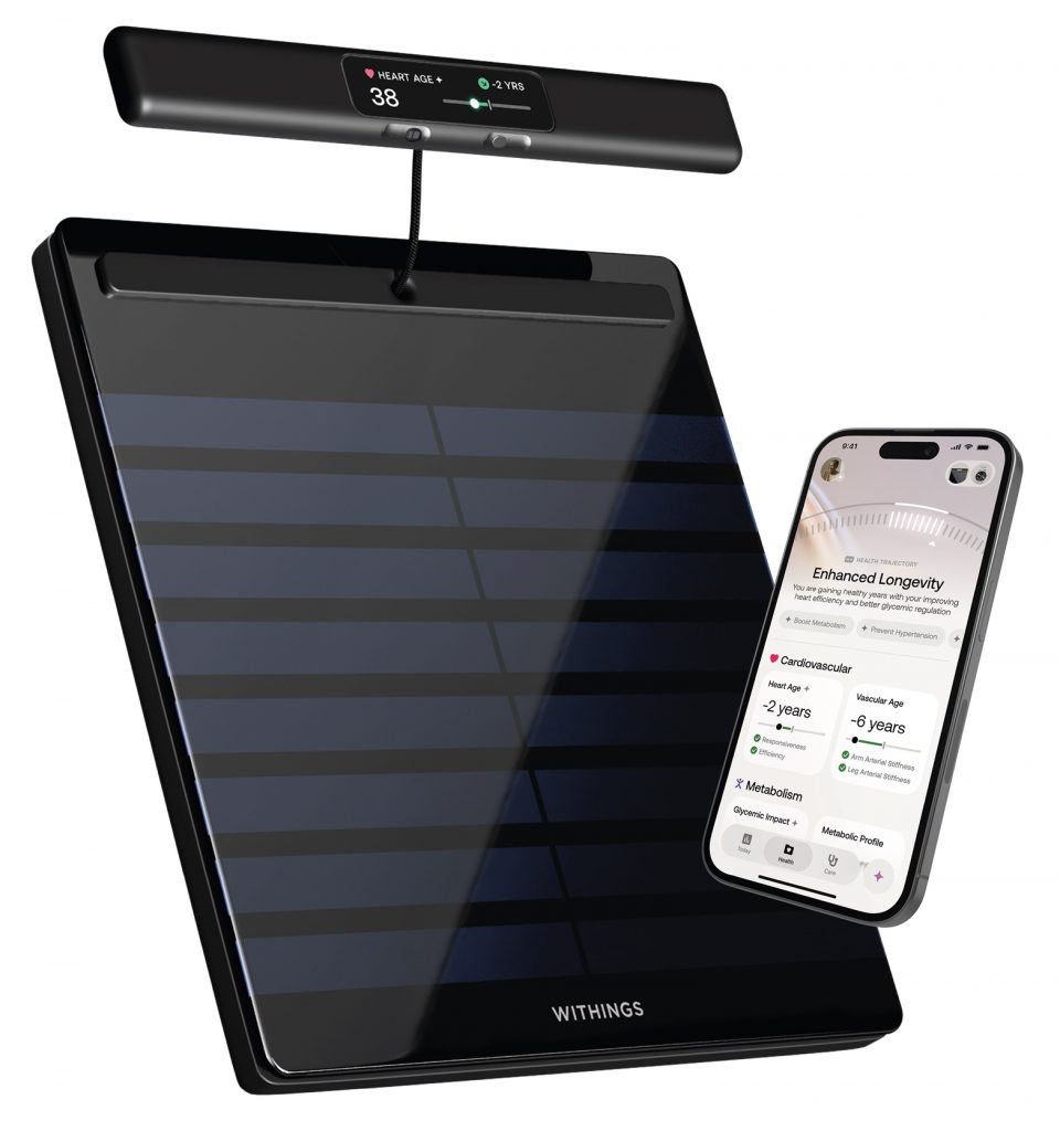 Withings Body Scan 2 smart scale and phone with Withings app screenshot on a white background