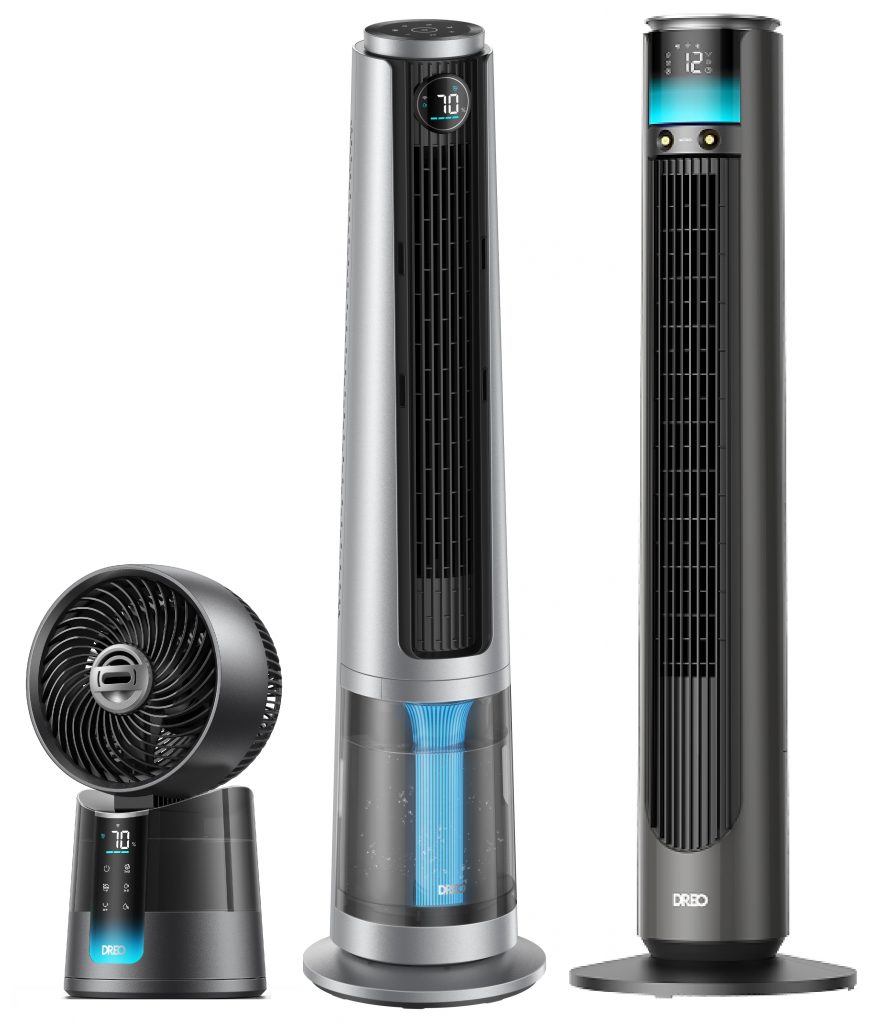 Three DREO TurboCool Misting Fan models on a white background.