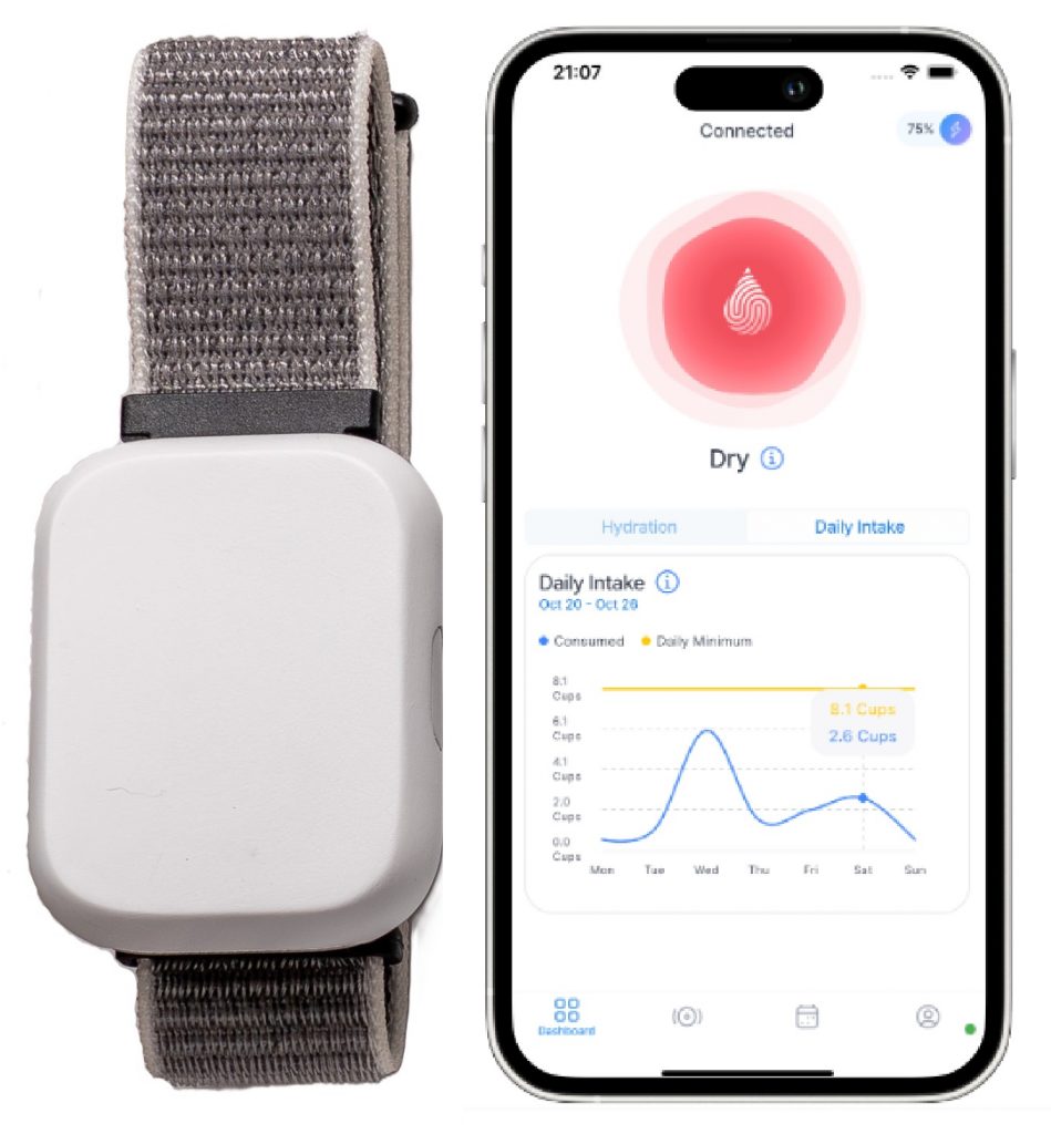 Geca Watch 2.0 next to a phone with Hydrostasis app showing dehydration chart on a white background.