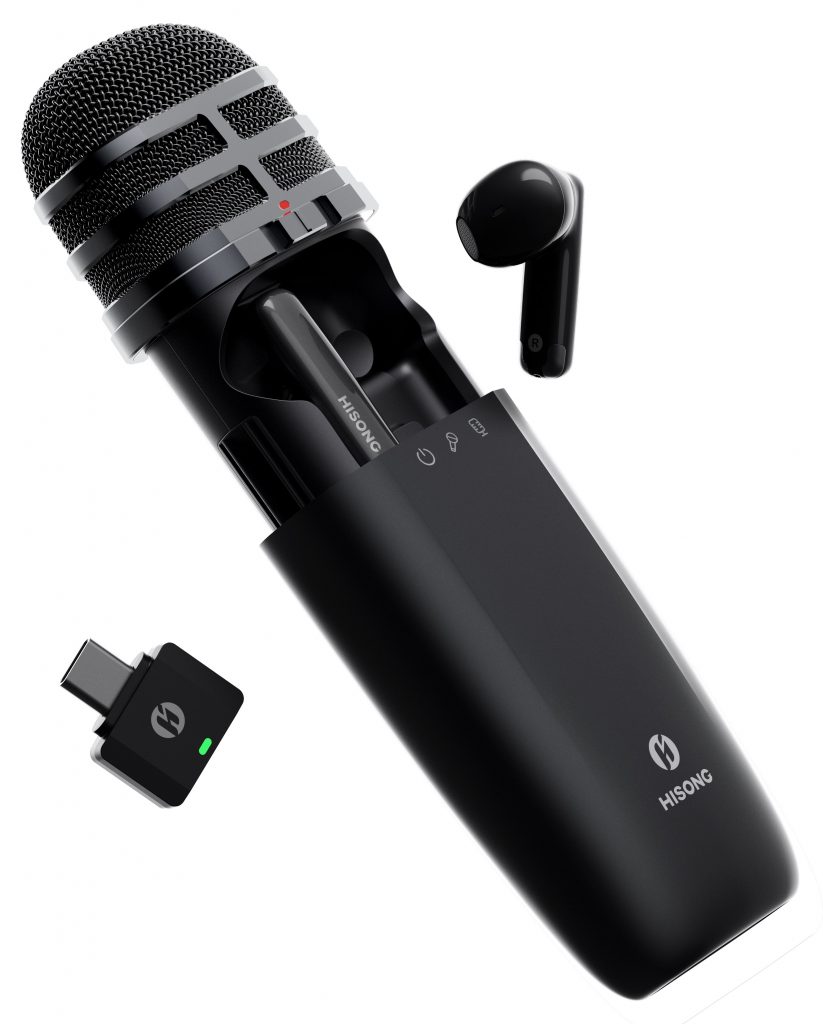 Black Hisong AirStudio S1 microphone and earbuds on a white background.