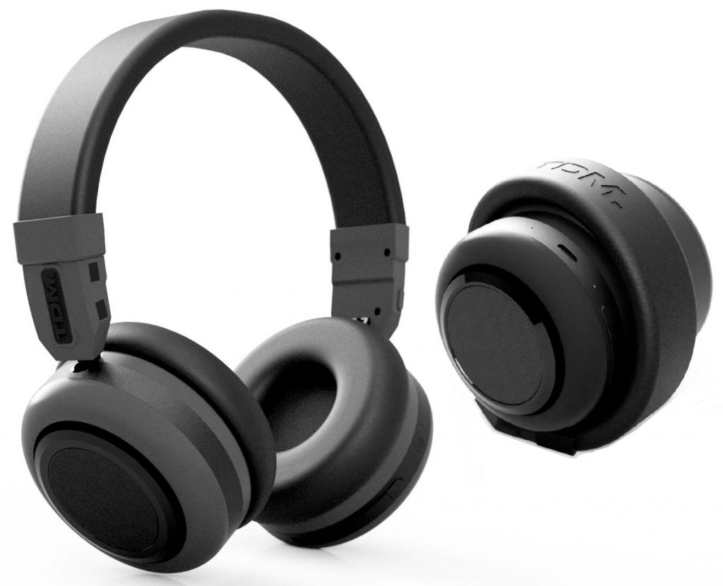 Black Neo headphones in on-ear position and folded speaker ball position on a white background.