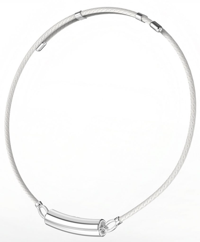 White cord necklace with silver Nirva health tracker on a white background